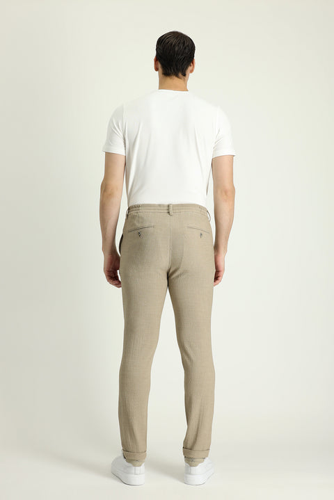 Açık Vizon 7 Drop Super Slim Fit Eksra Dar Kesim Beli Lastikli İpli Desenli Likralı Klasik Kumaş Pantolon