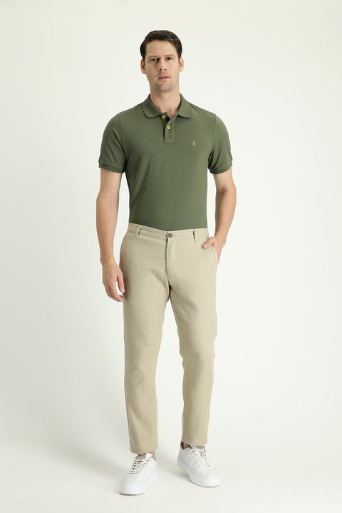 Orta Bej Regular Fit Standart Kesim Beli Lastikli Pamuklu Keten Karışımlı Kanvas / Chino Pantolon