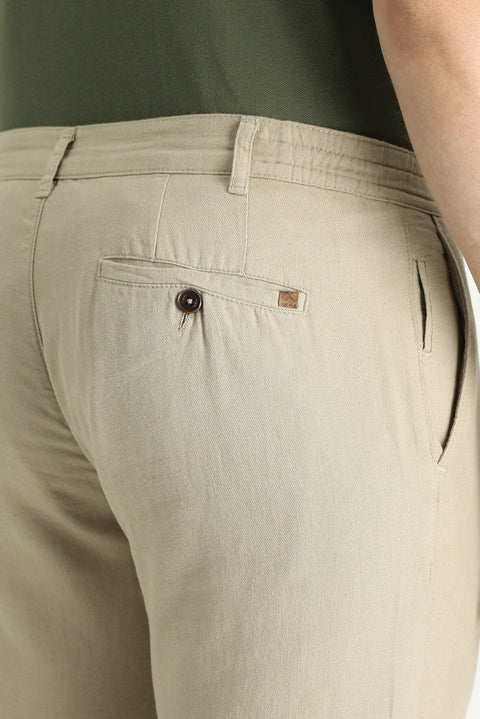 Orta Bej Regular Fit Standart Kesim Beli Lastikli Pamuklu Keten Karışımlı Kanvas / Chino Pantolon