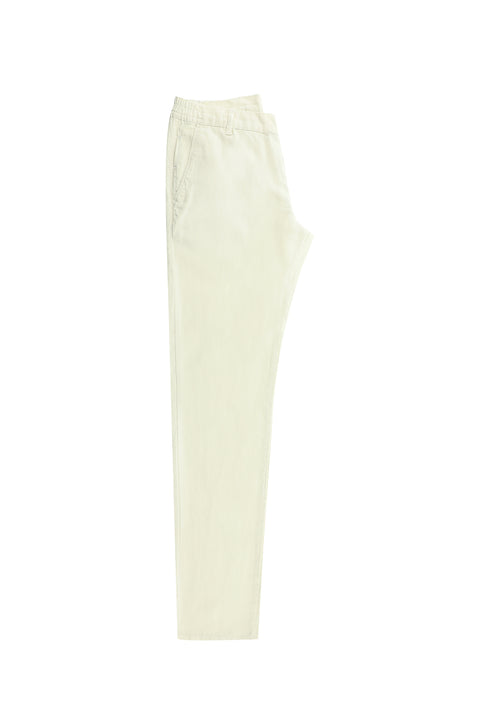 White Slim Fit Narrow Cut Elastic Waist Cotton Linen Blend Canvas / Chino Trousers