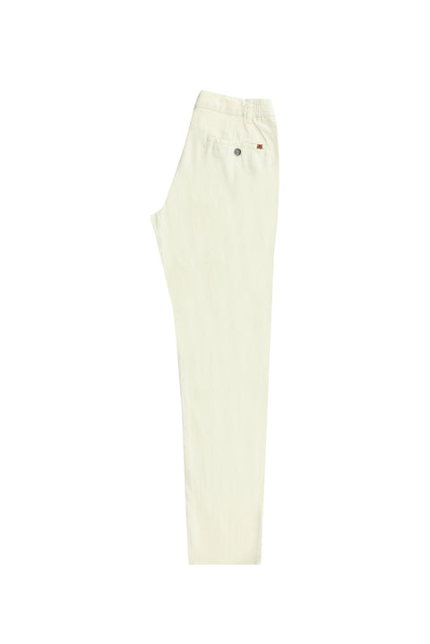 White Slim Fit Narrow Cut Elastic Waist Cotton Linen Blend Canvas / Chino Trousers