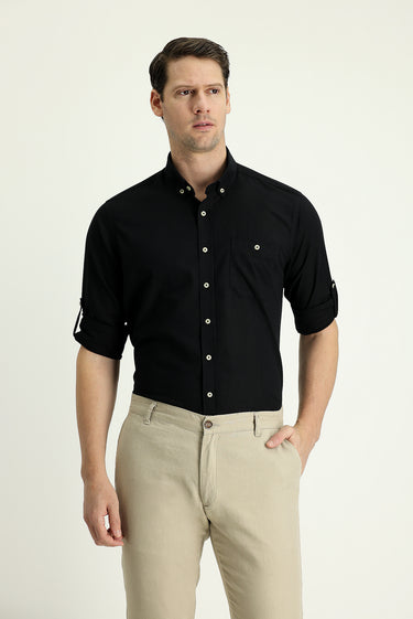 Siyah Uzun Kol Regular Fit Pamuk Spor Gömlek