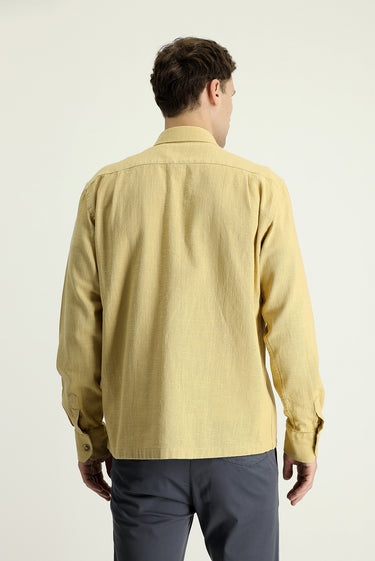 Koyu Bej Uzun Kol Regular Fit Cepli Pamuk Spor Gömlek