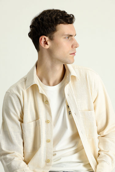 Ekru Uzun Kol Regular Fit Cepli Pamuk Spor Gömlek