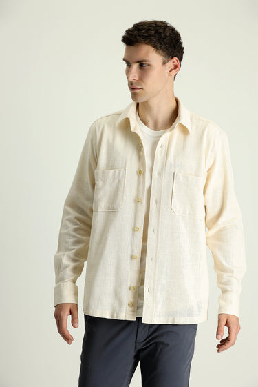 Ekru Uzun Kol Regular Fit Cepli Pamuk Spor Gömlek