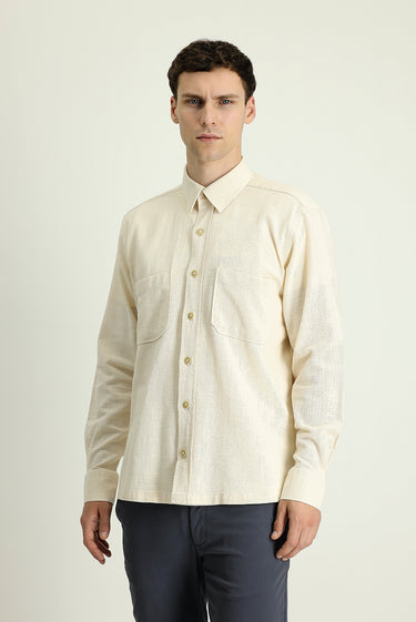 Ekru Uzun Kol Regular Fit Cepli Pamuk Spor Gömlek