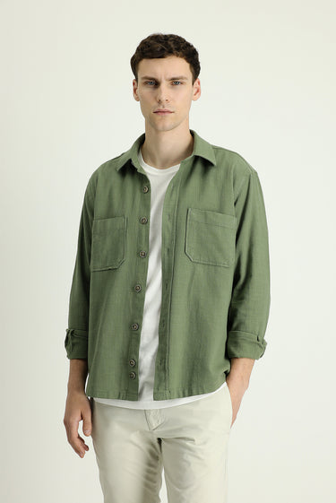 Orta Haki Uzun Kol Regular Fit Cepli Pamuk Spor Gömlek