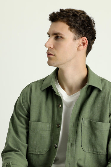 Orta Haki Uzun Kol Regular Fit Cepli Pamuk Spor Gömlek