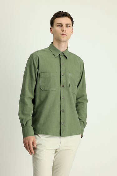 Orta Haki Uzun Kol Regular Fit Cepli Pamuk Spor Gömlek