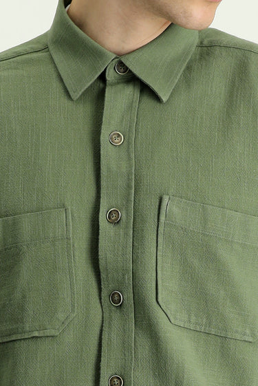 Orta Haki Uzun Kol Regular Fit Cepli Pamuk Spor Gömlek