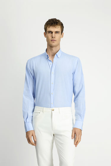 Açık Mavi Uzun Kol Regular Fit Keten Görünümlü Pamuk Spor Düğmeli Yaka Şantuk Gömlek