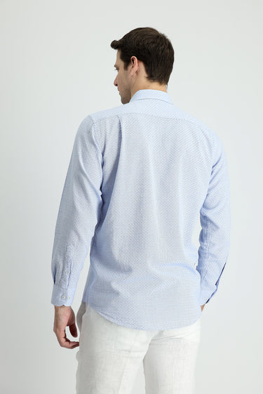 Koyu Mavi  Uzun Kol Regular Fit Keten Görünümlü Desenli Pamuk Düğmeli Yaka Gömlek