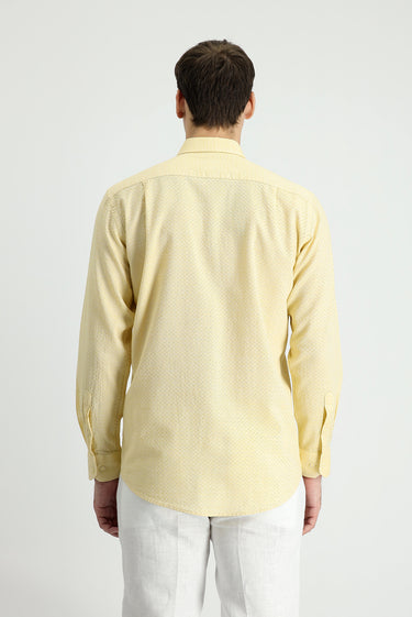 Hardal Uzun Kol Regular Fit Keten Görünümlü Desenli Pamuk Düğmeli Yaka Gömlek