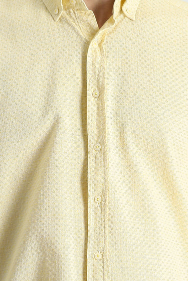 Hardal Uzun Kol Regular Fit Keten Görünümlü Desenli Pamuk Düğmeli Yaka Gömlek