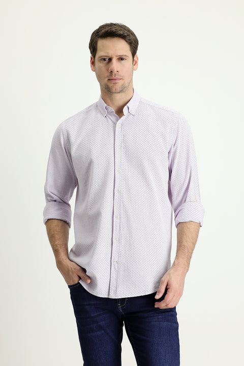 Lilac Long Sleeve Regular Fit Linen-Look Patterned Cotton Button-Down Collar Shirt