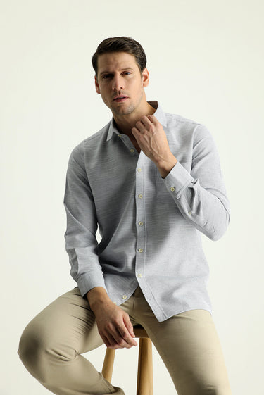 Orta Gri Uzun Kol Regular Fit Desenli Pamuklu Gömlek