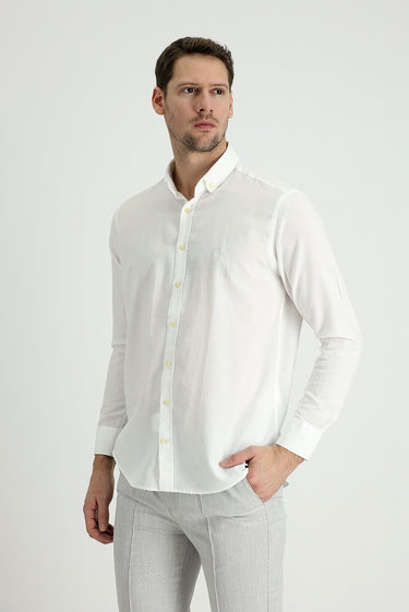 Beyaz Uzun Kol Regular Fit Pamuklu Keten Karışımlı Gömlek