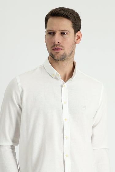 Beyaz Uzun Kol Regular Fit Pamuklu Keten Karışımlı Gömlek