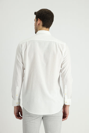 Beyaz Uzun Kol Regular Fit Pamuklu Keten Karışımlı Gömlek