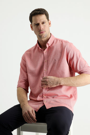 Mercan Kırmızı Uzun Kol Regular Fit Pamuklu Keten Karışımlı Gömlek