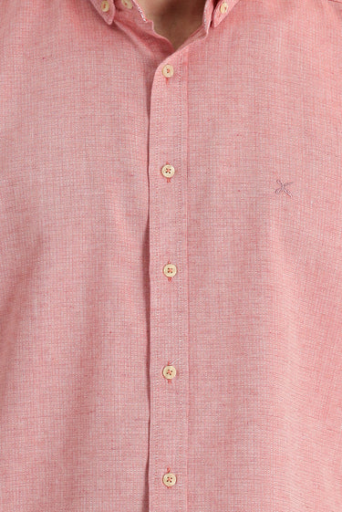 Mercan Kırmızı Uzun Kol Regular Fit Pamuklu Keten Karışımlı Gömlek