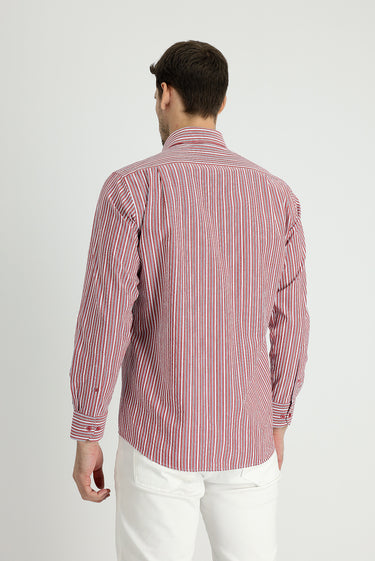 Bayrak Kırmızı Uzun Kol Regular Fit Çizgili Pamuk Spor Gömlek