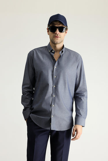 Orta Lacivert Uzun Kol Slim Fit Dar Kesim Spor Pamuk Gömlek