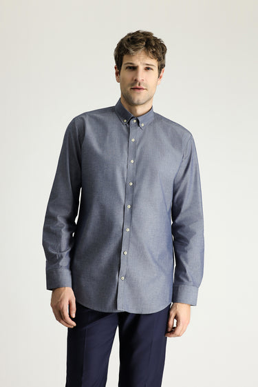 Orta Lacivert Uzun Kol Slim Fit Dar Kesim Spor Pamuk Gömlek