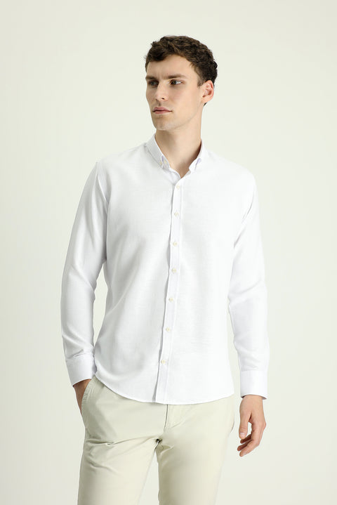 White Long Sleeve Slim Fit Narrow Cut Patterned Sporty Cotton Easy Iron Button-Down Collar Shirt