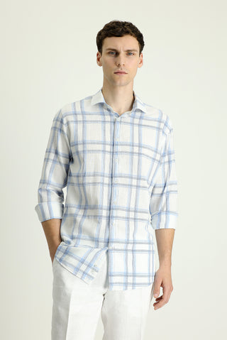 Açık Mavi Uzun Kol Slim Fit Dar Kesim Ekose Pamuklu Keten Karışımlı Gömlek