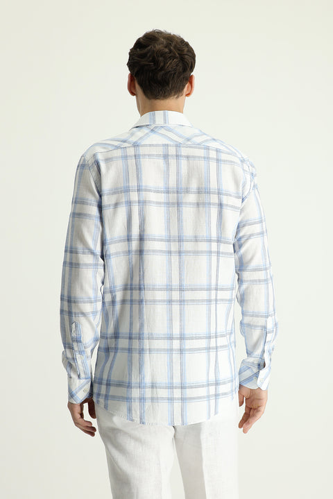 Açık Mavi Uzun Kol Slim Fit Dar Kesim Ekose Pamuklu Keten Karışımlı Gömlek