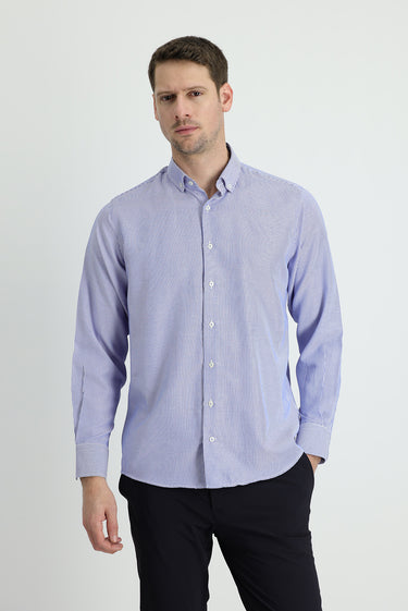 Açık Lacivert Uzun Kol Regular Fit Çizgili Pamuklu Gömlek