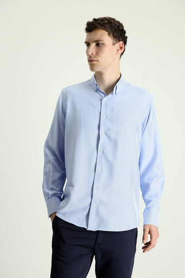 Gök Mavisi Uzun Kol Regular Fit Çizgili Pamuklu Gömlek