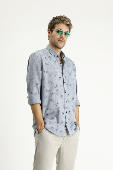 Açık Lacivert Uzun Kol Regular Fit Desenli Spor Pamuklu Gömlek