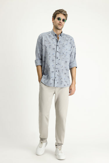 Açık Lacivert Uzun Kol Regular Fit Desenli Spor Pamuklu Gömlek