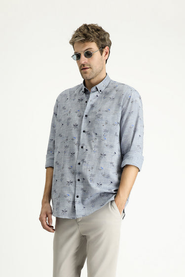 Açık Lacivert Uzun Kol Regular Fit Desenli Spor Pamuklu Gömlek