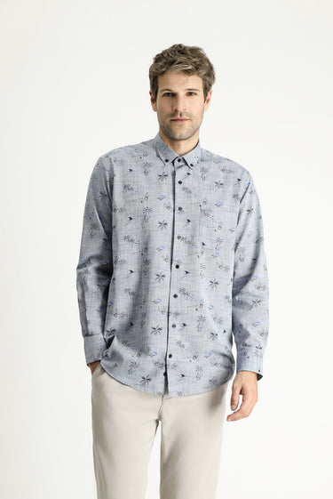 Açık Lacivert Uzun Kol Regular Fit Desenli Spor Pamuklu Gömlek