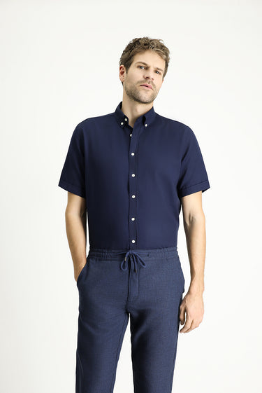 Koyu Lacivert Kısa Kol Regular Fit Çizgili Pamuklu Gömlek