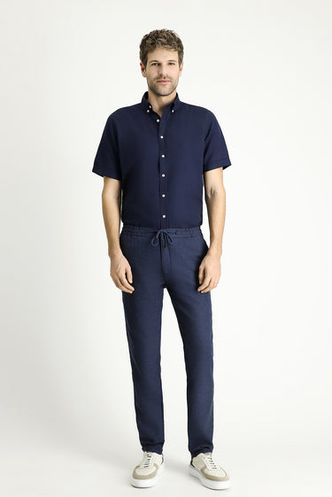 Koyu Lacivert Kısa Kol Regular Fit Çizgili Pamuklu Gömlek