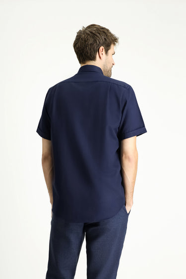 Koyu Lacivert Kısa Kol Regular Fit Çizgili Pamuklu Gömlek