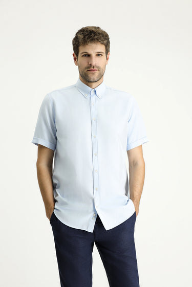 Açık Mavi Kısa Kol Regular Fit Çizgili Pamuklu Gömlek