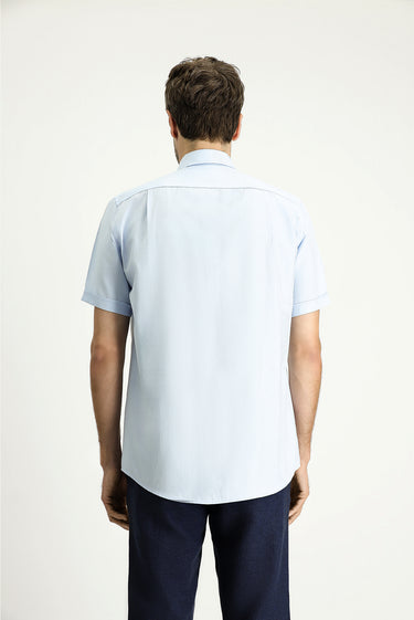 Açık Mavi Kısa Kol Regular Fit Çizgili Pamuklu Gömlek