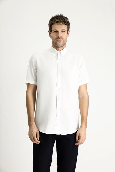 Beyaz Kısa Kol Regular Fit Çizgili Pamuklu Gömlek