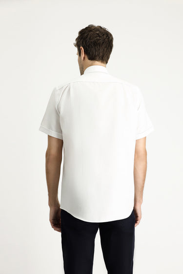 Beyaz Kısa Kol Regular Fit Çizgili Pamuklu Gömlek