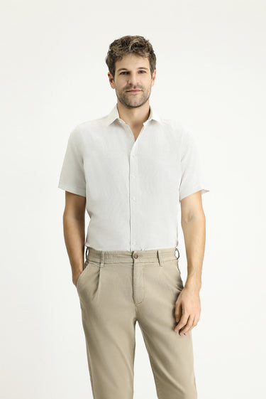 Krem Kısa Kol Regular Fit Keten Görünümlü Pamuklu Gömlek