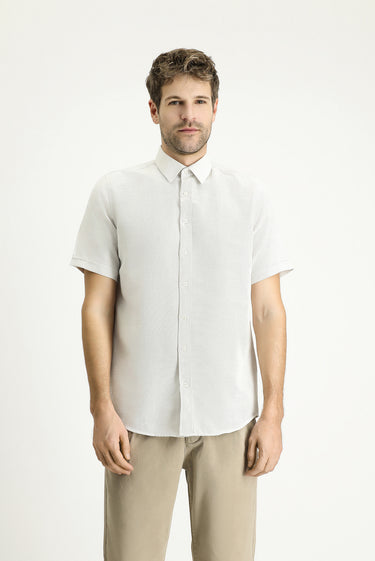 Krem Kısa Kol Regular Fit Keten Görünümlü Pamuklu Gömlek