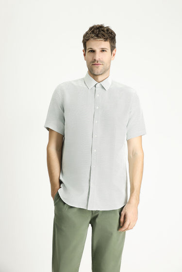 Çimen Yeşili Kısa Kol Regular Fit Keten Görünümlü Pamuklu Gömlek