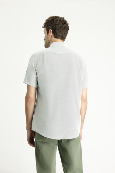 Çimen Yeşili Kısa Kol Regular Fit Keten Görünümlü Pamuklu Gömlek