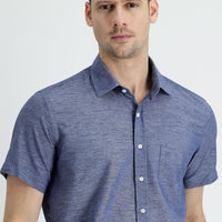 Mid Navy Short Sleeve Regular Fit Linen Shirt