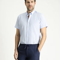 Light Blue Short Sleeve Regular Fit Striped Cotton Easy-Iron Shirt